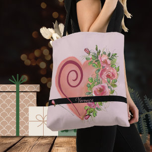 Cute Pink Heart Pink Roses Tote Bag