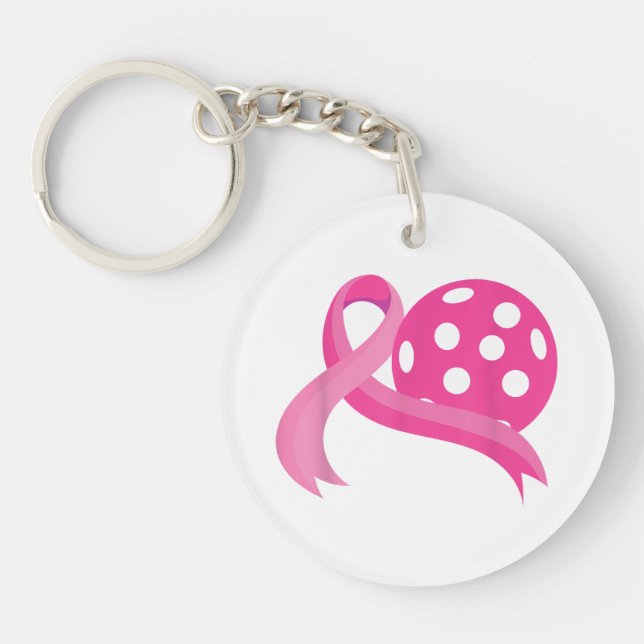 Cute Pink Heart Ribbon Pickleball Breast Cancer Aw Key Ring (Front)