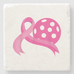 Cute Pink Heart Ribbon Pickleball Breast Cancer Aw Stone Coaster