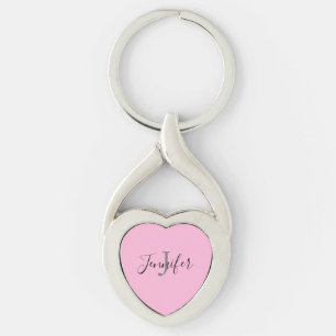 Cute Pink Heart Script Monogram Name Key Ring