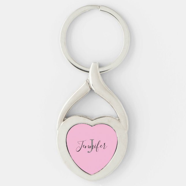 Cute Pink Heart Script Monogram Name Key Ring (Front)