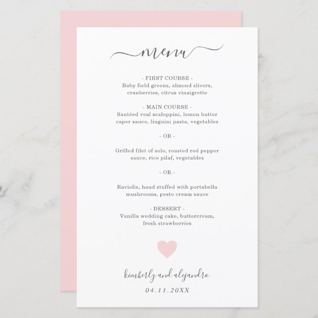 Cute Pink Heart Simple Wedding Menu (Front/Back)