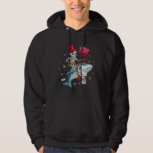 Cute Pink Heart Skeleton Riding Shark Valentines D Hoodie (Front)