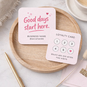 Cute Pink Heart Sparkle Script Good Days QR Code Square Business Card