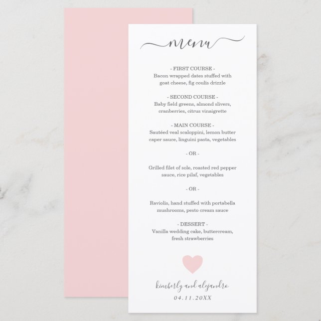 Cute Pink Heart Wedding Menu (Front/Back)