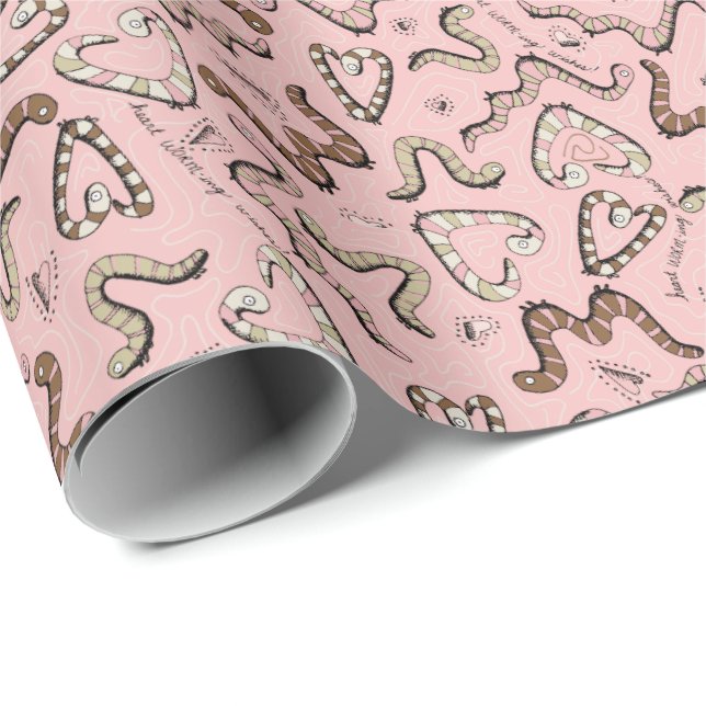 Cute Pink Heart Worm-ing Wishes Kids Birthday Wrapping Paper (Roll Corner)