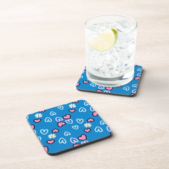 Cute Pink Hearts and Daisies Square Coaster (Right Side)