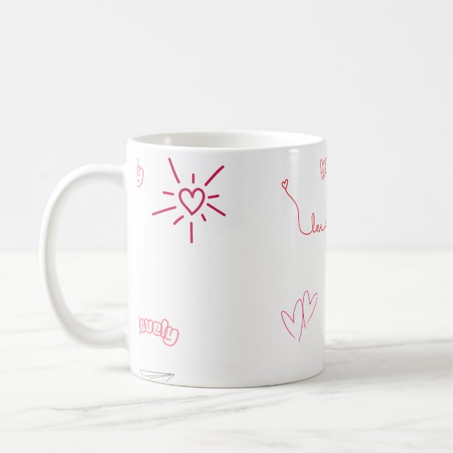 Cute Pink Hearts and Love Doodles Seamless Pattern Coffee Mug (Left)
