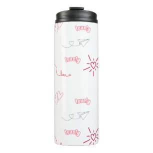 Cute Pink Hearts and Love Doodles Seamless Pattern Thermal Tumbler