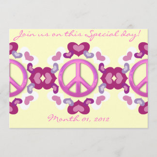 Cute Pink Hearts and Peace Sign Invitations