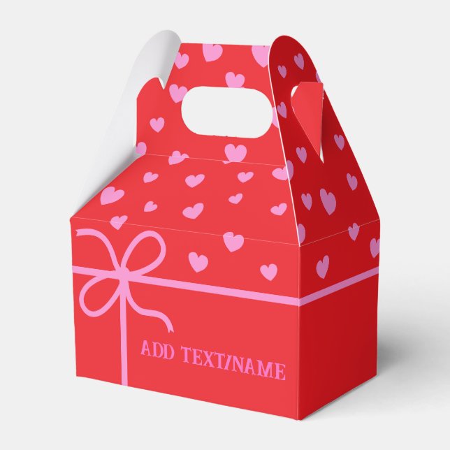 Cute Pink Hearts And Ribbon Custom Red Favour Box (Front Side)