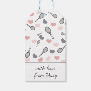 Cute Pink Hearts and Tennis Rackets Pattern Sports Gift Tags