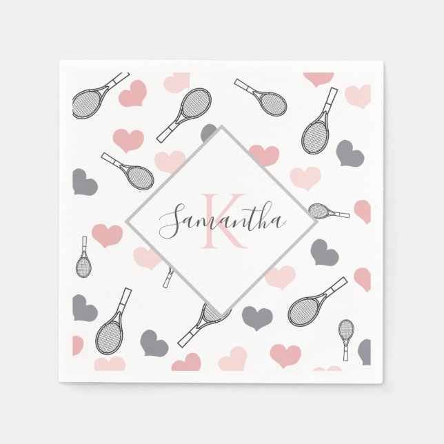 Cute Pink Hearts and Tennis Rackets Pattern Sports Napkin (Front)