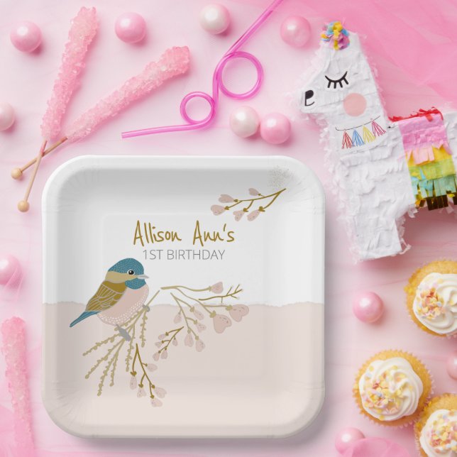 Cute Pink Hearts Chickadee Bird Floral Customise Paper Plate (Party)