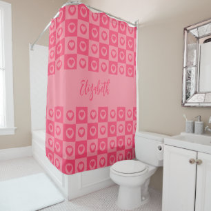 Cute Pink Hearts Circles Squares Pattern with Name Shower Curtain
