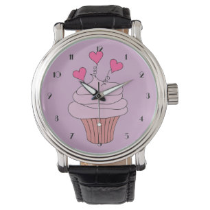 Cute Pink Hearts Cupcake Wrist Watch