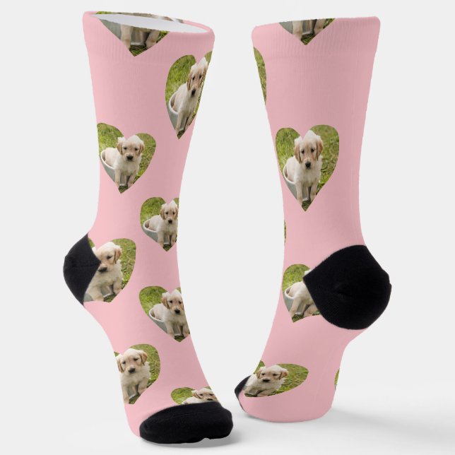 Cute Pink Hearts Custom Pet Photo Socks (Angled)