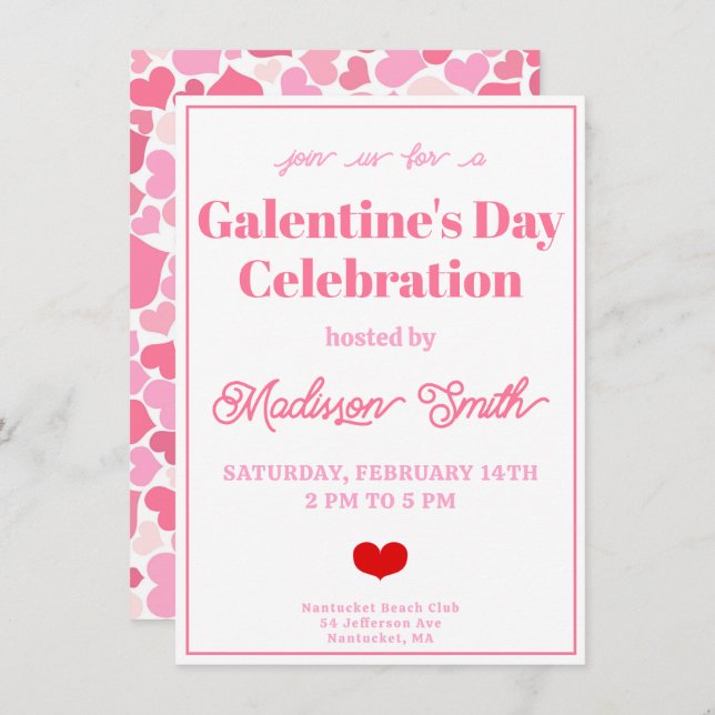Cute Pink Hearts Galentine's Day Celebration Invitation (Front/Back)