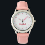 Cute Pink Hearts Girls Custom Name Girly Chic Kids Watch<br><div class="desc">Custom, personalised, kids girls fun cool pretty chic girly pink glitter strap, stainless steel case, wrist watch. Simply type in the name, to customise. Go ahead create a wonderful, custom watch for the lil princess in your life - daughter, sister, niece, grandaughter, goddaughter, stepdaughter. Makes a great custom gift for...</div>