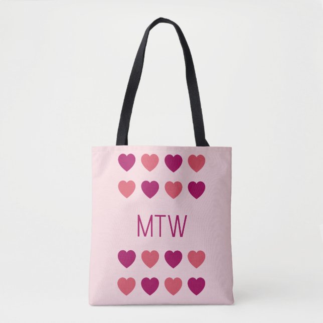 Cute Pink Hearts Initials Monogram Tote Bag (Front)