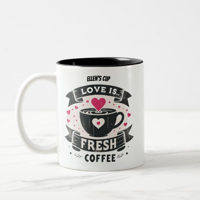 Cute pink hearts love is fresh coffee Two-Tone coffee mug (Left)
