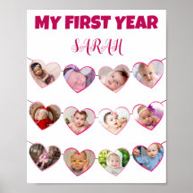 Cute Pink Hearts My First Year 12 Photo Collage