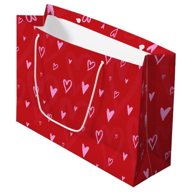 Cute Pink hearts on red background Large Gift Bag (Front Angled)