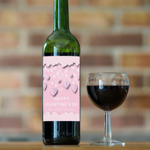 Cute Pink Hearts On Strings & Clouds Valentine's Wine Label