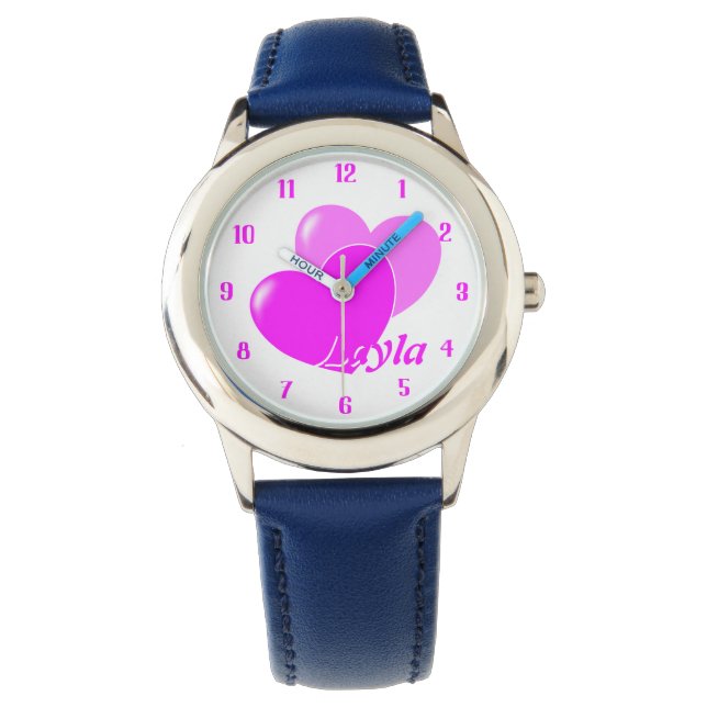 Cute Pink Hearts on White A Template For Your Name Watch (Front)