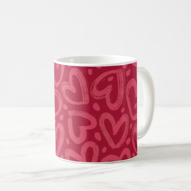 Cute Pink Hearts Pattern Romantic Red Coffee Mug (Front Right)