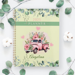 Cute Pink Hearts Vintage Flower Truck Personalise Planner