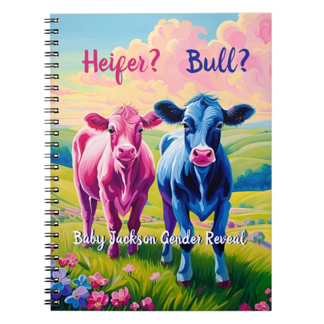 Cute Pink Heifer and Blue Bull Calf Notebook (Front)