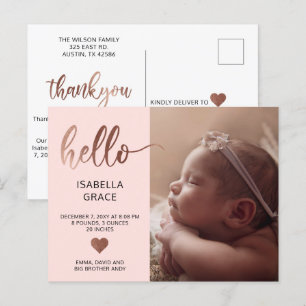 Cute Pink Hello Photo Baby Announcement Postcard