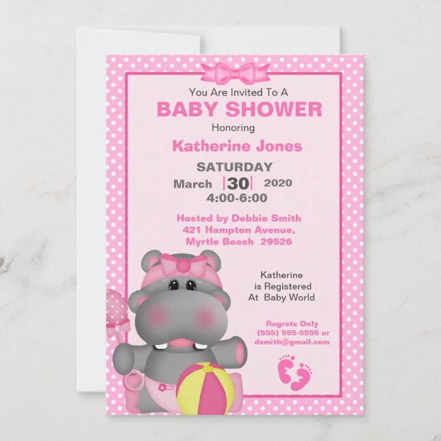 Cute Pink Hippo Baby Shower  Invitation (Front)