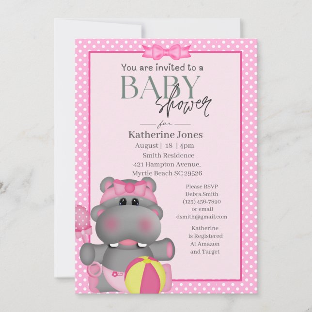 Cute Pink Hippo Baby Shower  Invitation (Front)