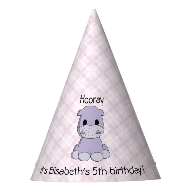 Cute pink hippo cartoon name girl birthday party hat (Front)