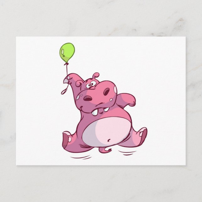 CUTE PINK HIPPO ON BALLOON POSTCARD (Front)