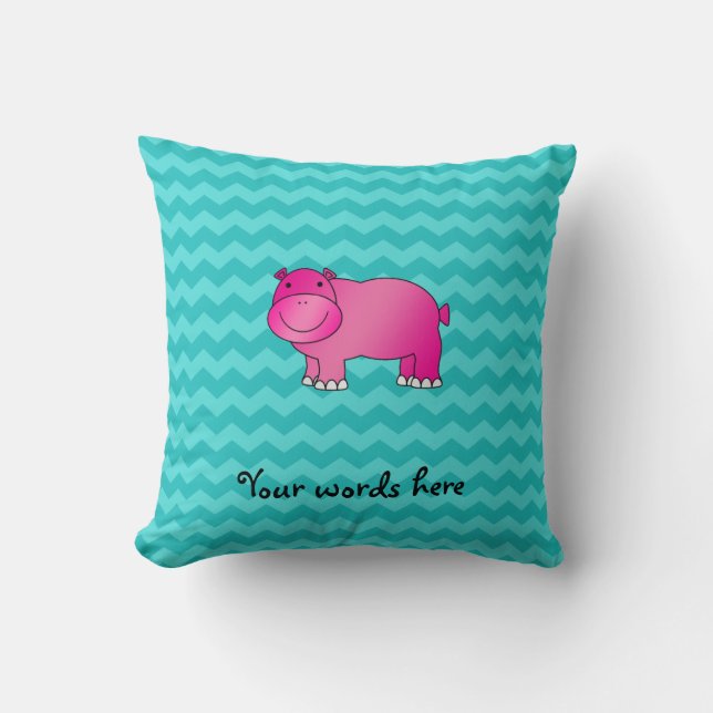 Cute pink hippo turquoise chevrons cushion (Front)