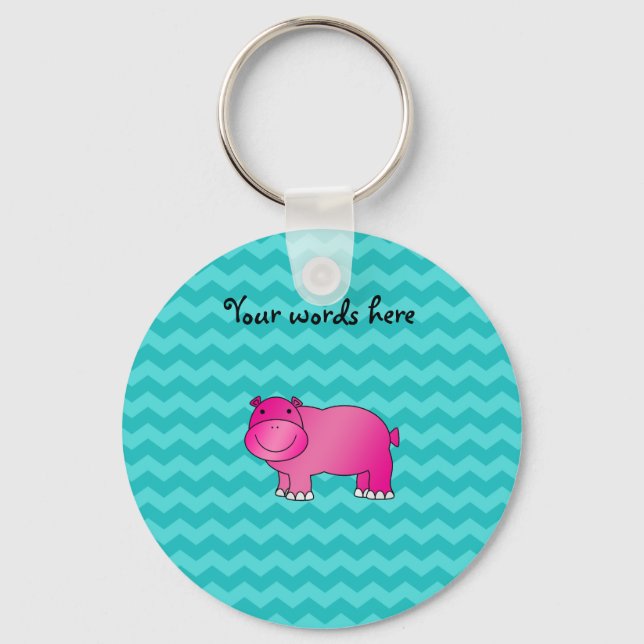 Cute pink hippo turquoise chevrons key ring (Front)