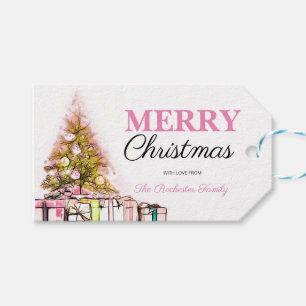 Cute Pink Holiday Tree Merry Christmas Party Gift Tags