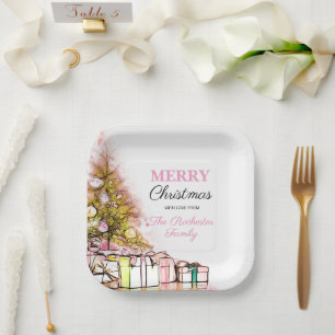 Cute Pink Holiday Tree Merry Christmas Party Paper Plate