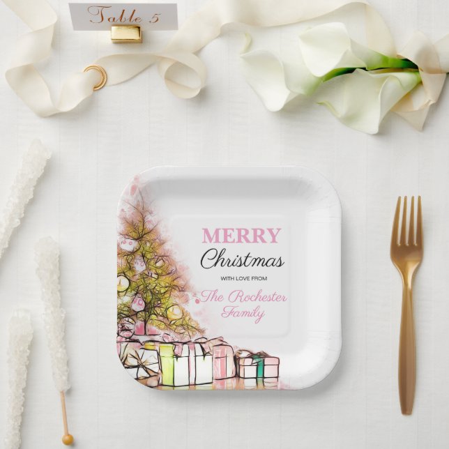 Cute Pink Holiday Tree Merry Christmas Party Paper Plate (Wedding)