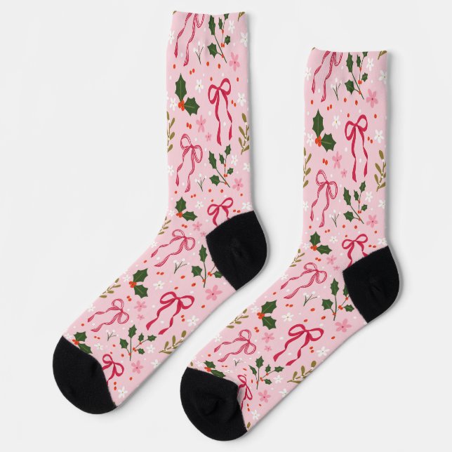 Cute Pink Holly Christmas Socks (Left)