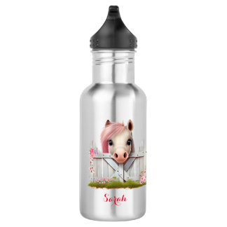 Cute Pink Horse Farm Kids Personalised 532 Ml Water Bottle