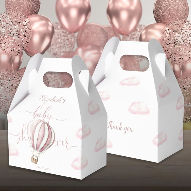 Cute Pink Hot Air Balloon Girl Baby Shower Favour Box (Cute Pink Hot Air Balloon Girl Baby Shower Favor Boxes)