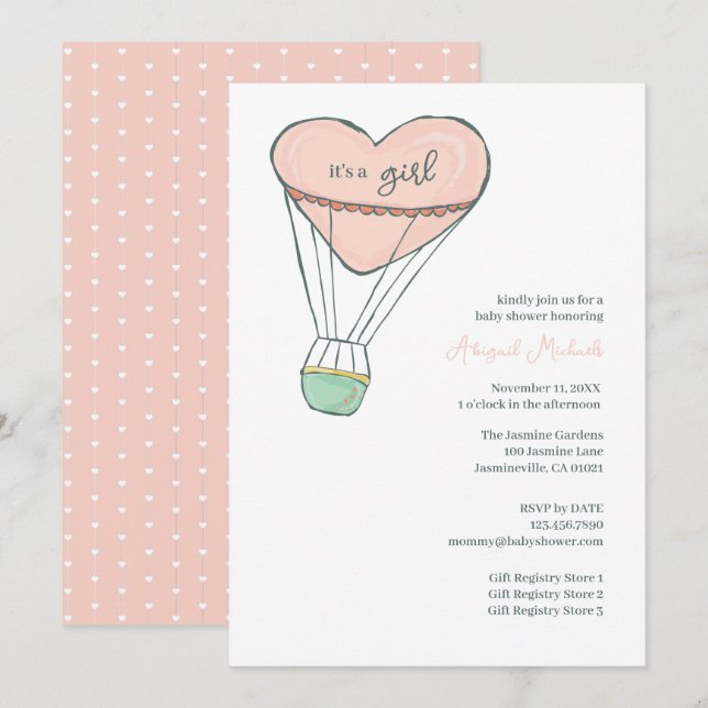 Cute Pink Hot Air Balloon It's A Girl Baby Shower Invitation (Front/Back)