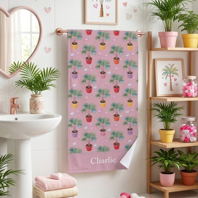 Cute Pink Houseplant Palm Tree Bath Towel (Creator Uploaded)