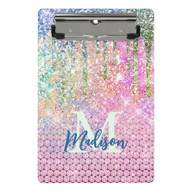 Cute pink iridescent unicorn faux glitter monogram mini clipboard (Front)