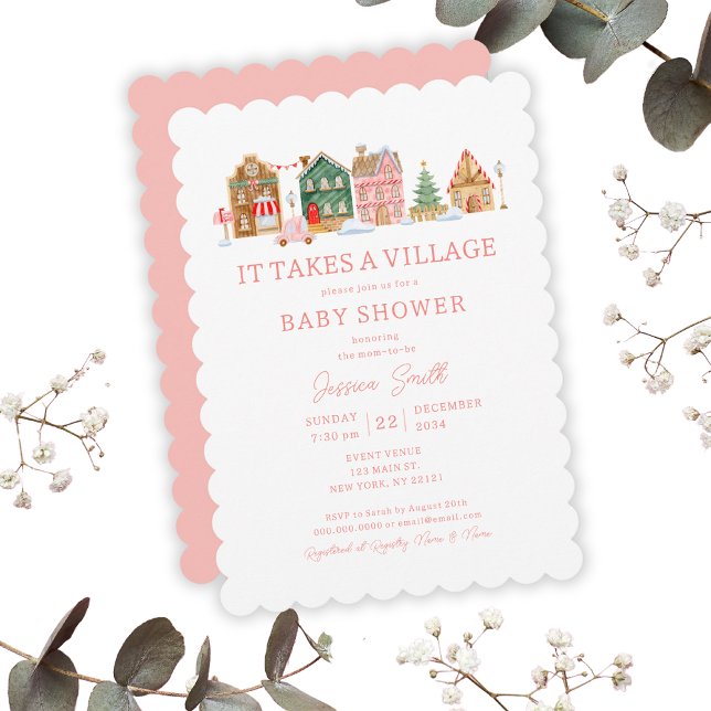 Cute Pink It Takes A Village Christmas Baby Shower Invitation (Cute Pink It Takes A Village Christmas Baby Shower Invitation
)