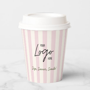 Cute Pink & Ivory Stripes Bakery Cafe Logo Paper Cups